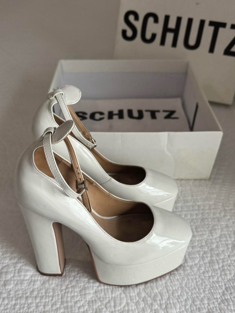 Like new 12th tribe Schutz Renee Patent White Ankle Strap Platform Pump Heels 6